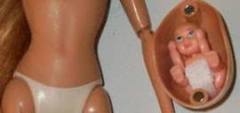 Without the belly, she is simply a standard flat-bellied Barbie with painted-on panties, cast in the 1997 body mold.