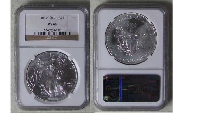 Example of a professionally graded and encapsulated American Silver Eagle. The grade is MS69, which is one point short of a perfect coin or MS70.