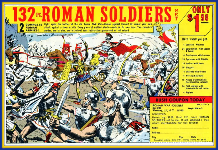 This is an original toy soldier ad by Russ Heath featuring a civil war between two competing Roman generals.