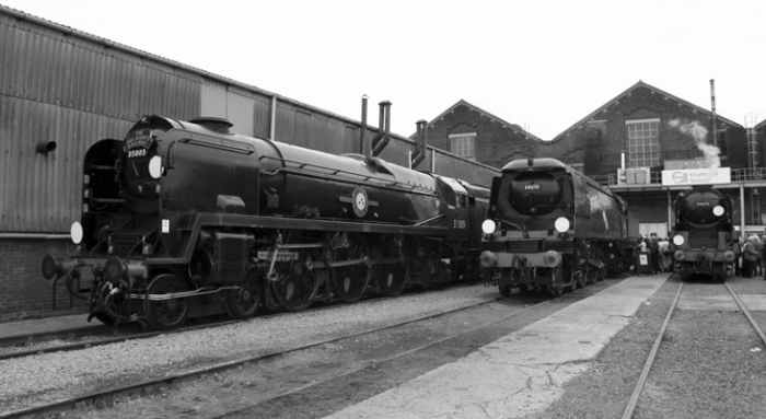 An array of Oliver Bulleid's Pacifics at Eastleigh, Hasmpshire - Bulleid had left the LNER before WWII, figuring he'd never gert past Gresley. He was offered thepost when Gresley died 1941 but turned it down. He was happy on the Southern by then