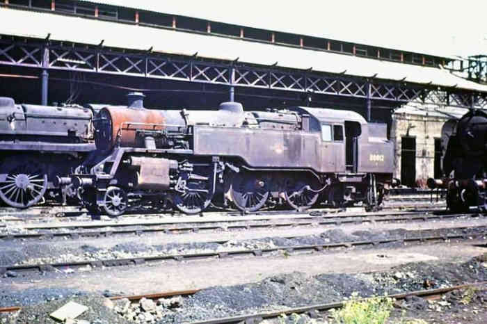 Nine Elms depot, London SW8, down the road from Waterloo Station in,London SE1, with Robert Riddles' BR Standard class 4 2-6-4 tank 80012 (based on LMS Fairburn 2-6-4)
