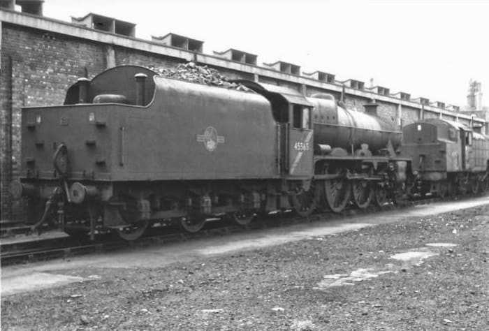 Jubilee 45565 'Victoria' at Low Moor, Bradford shed- note diagonal cabside stripe, denoted loco was not to run under the wires on the West Coast Main Line (Euston-Carlisle-Glasgow)