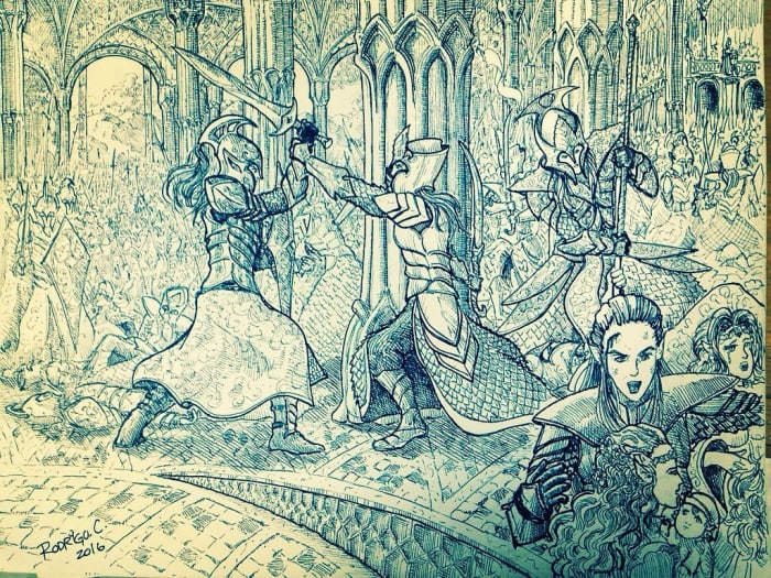 By Rodrygu.C., 2016. The final battle of Menegroth. Celegorm and Curufin are killed during this assault, ending their feud with Doriath.