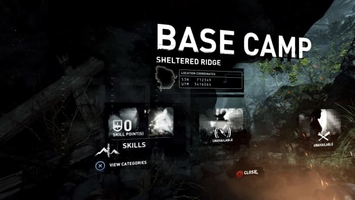 The Base Camp, where Lara can upgrade her skills and weaponry. Screenshot taken by myself via PlayStation 4.