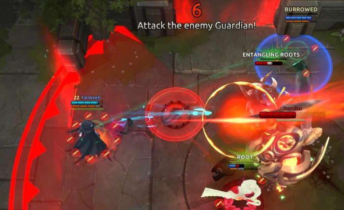 The enemy Guardian's cone attack (outlined in red) deals 35 damage and throws you outside, allowing you to escape easier once the vulnerability window ends.