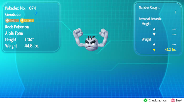 Alolan Geodude, obtained by trading a Kanto Geodude to an NPC.