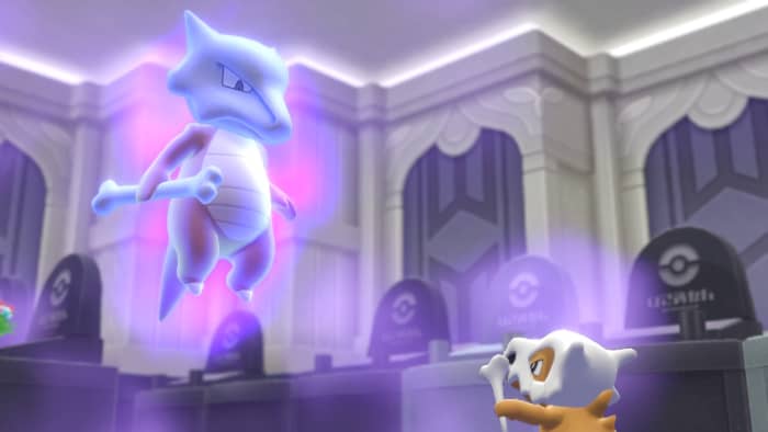 The ghostly Marowak and her orphaned Cubone, as they appear in Pokémon Tower in the gen 1 remake, "Pokemon: Let's Go, Eevee/Pikachu."