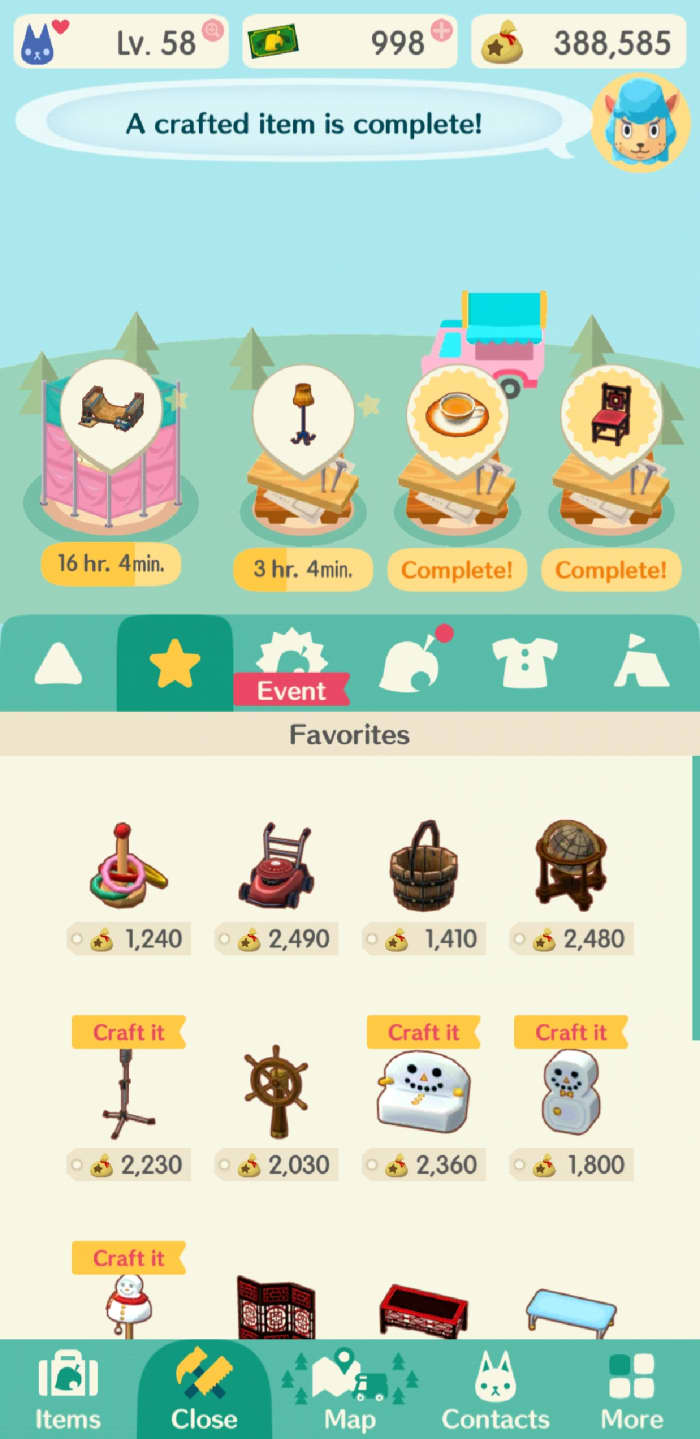 Keep crafting furniture and amenities throughout the day!
