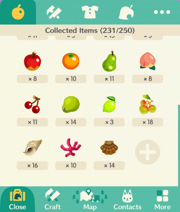 Try to keep at least 10 of each fruit, fish, bug and shell!
