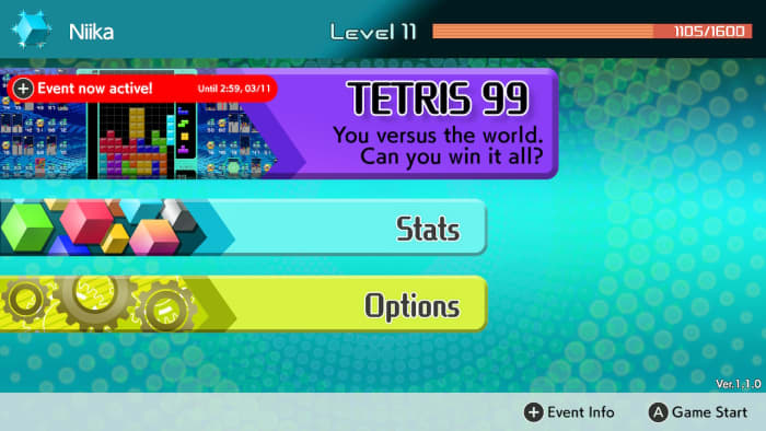 "Tetris 99" menu screen during an active event.