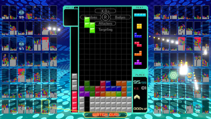 "Tetris 99" is an exciting battle-royale spin on a classic puzzle game. There is one opponent about to attack.
