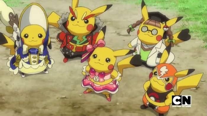 Five Pikachu in different fashionable cosplays, as they appear in the Pokemon anime.