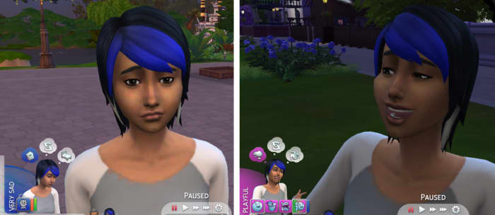 All she did was grab a bite and chat with a playful Sim for a little while. The positive moodlets now outweigh the one negative moodlet.