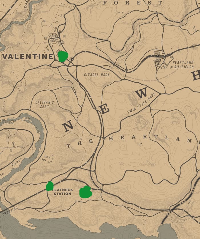 These green dots/smudges represent the three places you can find Pigs. However the far left, lower, spot at Flatneck Station where you have the best chance of finding them. The lower right is Emmet Granger's farm from 