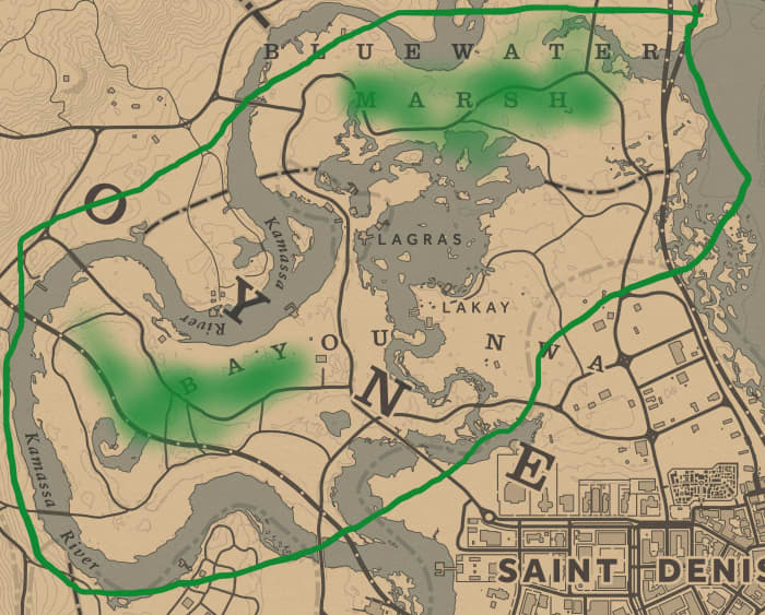 Everywhere in the green circle is where you can find Herons. The highlighted are where I've seen flocks, provided the servers are working properly. 