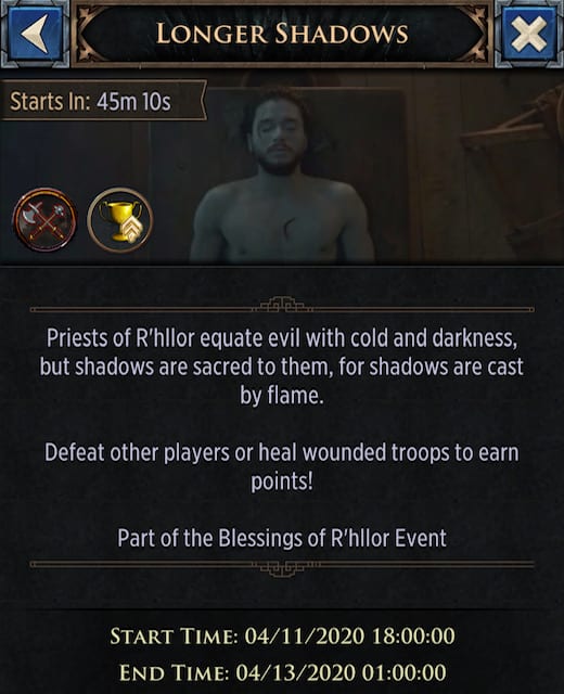 The event screen for "Longer Shadows." The text tells you how to earn points in the event. The top left corner displays the time remaining until the event.