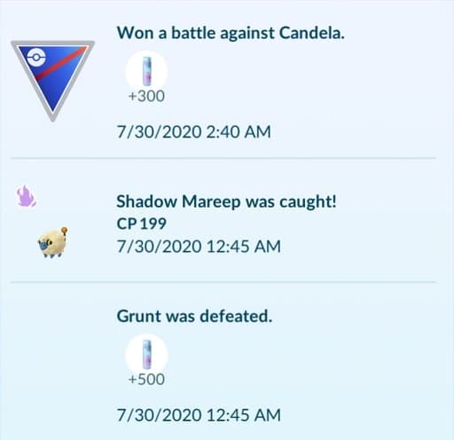 In-game journal entries depicting the stardust rewards from beating a Team Leader and a Rocket Grunt.