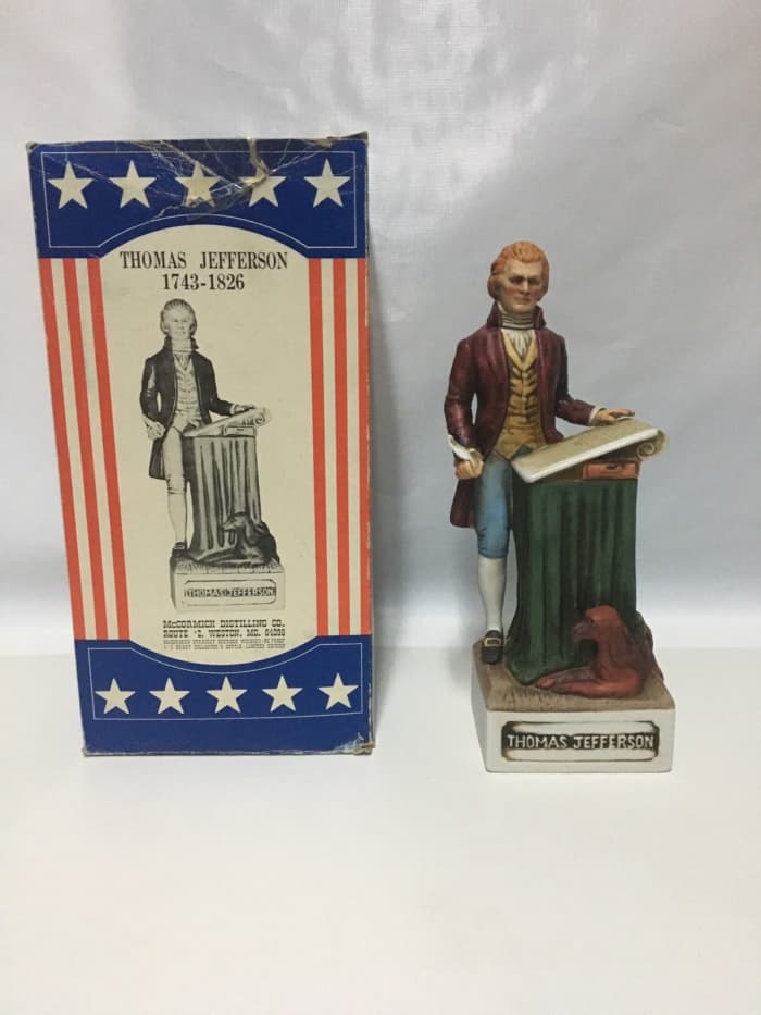 McCormick ceramic porcelain whiskey liquor decanter Thomas Jefferson. Vintage Thomas Jefferson The Patriots whiskey decanter with original box and packaging.