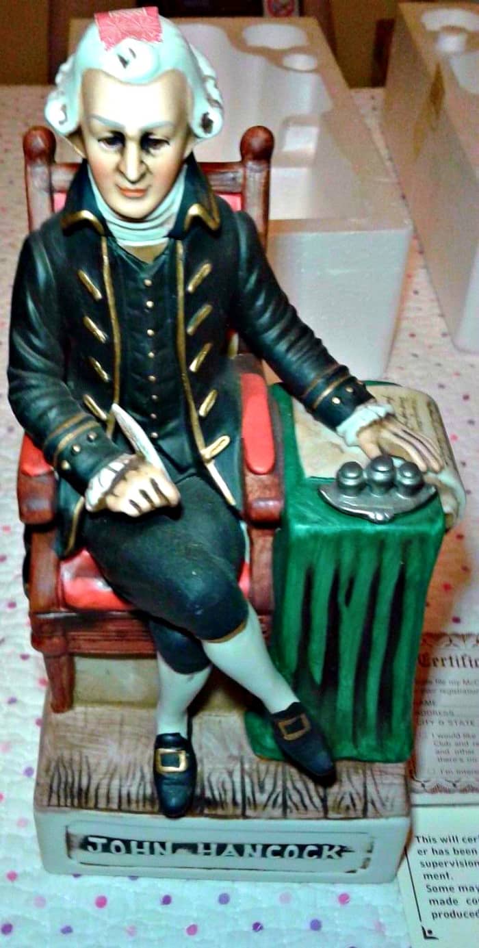 McCormick vintage ceramic porcelain whiskey liquor decanter of John Hancock ... Mr. Hancock was the very first man to sign the Declaration of Independence, and his signature is the most prominent. John Hancock held his position as the president of Co