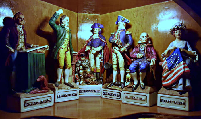 Here is a nice collection of McCormick Patriots Decanters ... You have Thomas Jefferson, Patrick Henry, George Washington, John Paul Jones, Ben Franklin, and Betsy Ross ...