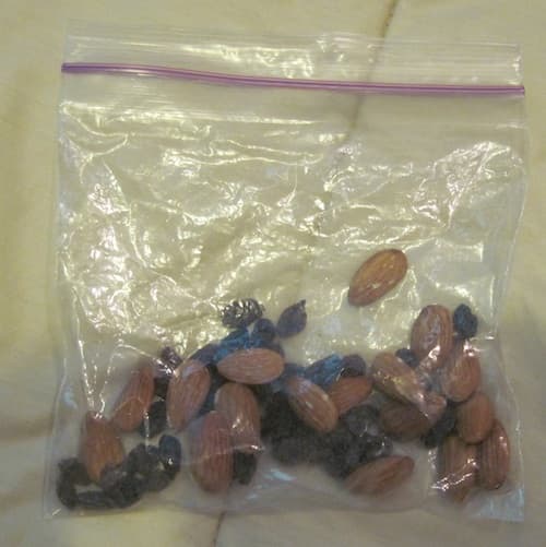 Almonds and raisins make great healthy snacks at the hospital between meals. Raisins give quick energy. Almonds are a great source of magnesium, which helps calm one down.