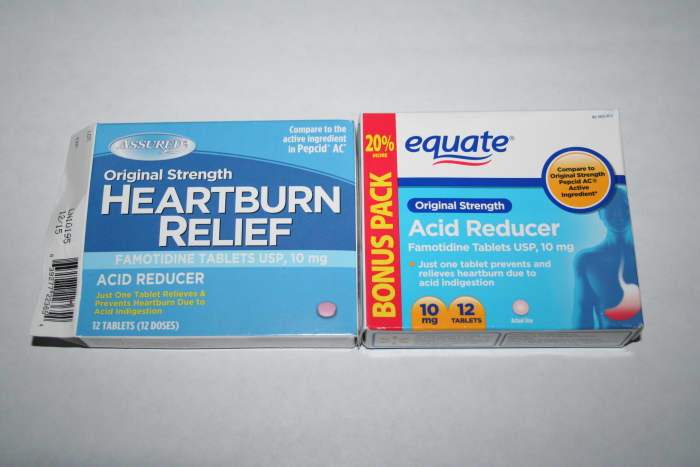 Both of these are Walmart brands for 88 cents. They are both for occasional heartburn.