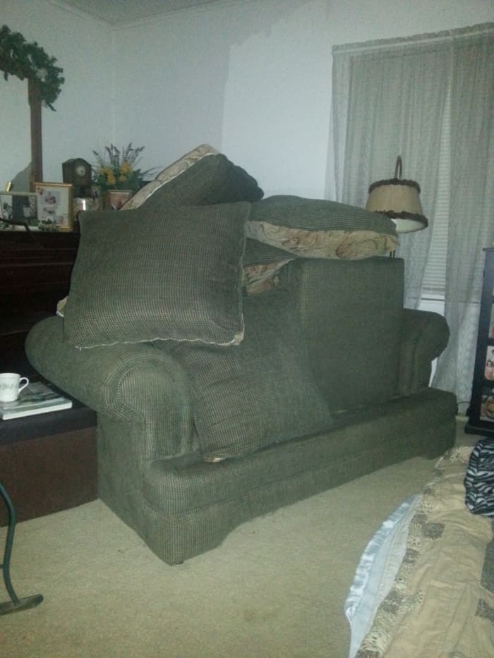 All fabric items, including sofas and cushions, were sprayed with lice spray, vacuumed, and left untouched for at least 60 days. You can see the makeshift bed we made to sleep on during that time (bottom right).