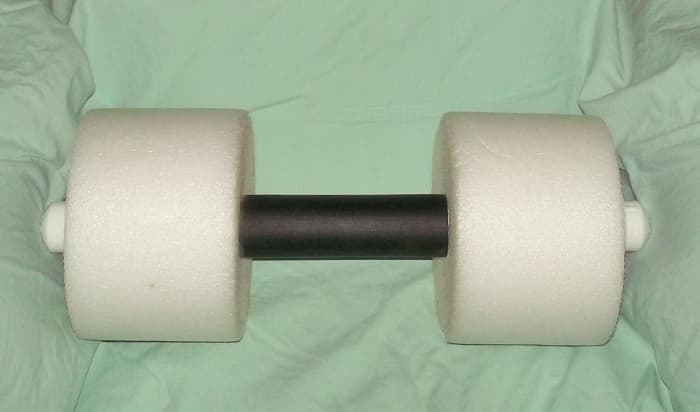 This is a swimming pool workout barbell. Its lightweight and large, soft grip made it easy for me to get started on resistance training when my wrist was still very weak and painful.