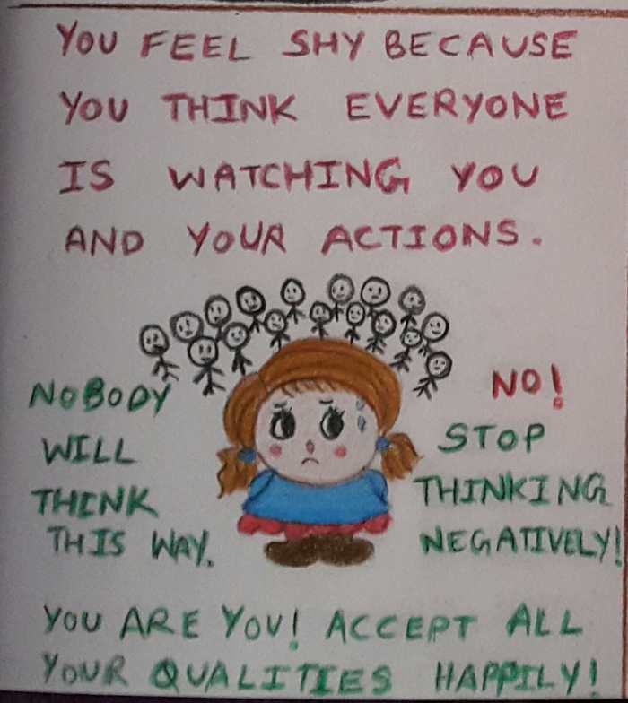 Stop thinking negatively. Shy people tend to criticize themselves harshly. They should learn to focus on their good qualities.
