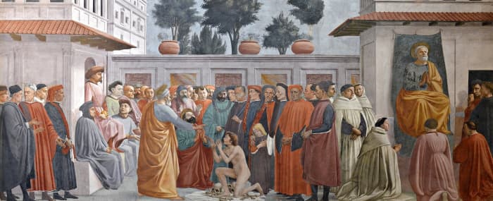 Masaccio and Filippo Lippi. Raising of the Son of Theophilus and St Peter Enthroned. Brancacci Chapel