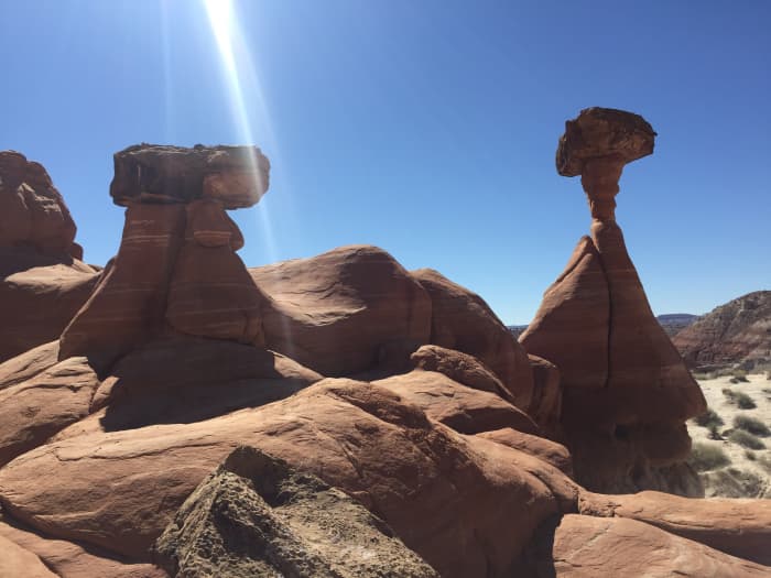 Large toadstool rock formation that is main draw for visitors stopping for a quick tour of this box canyon.