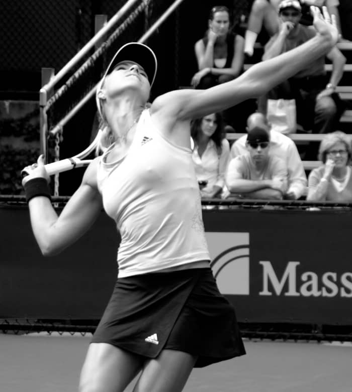 Serving puts a lot of strain on the chest muscles and can cause excruciating pain. Ease back into sports slowly and carefully!
