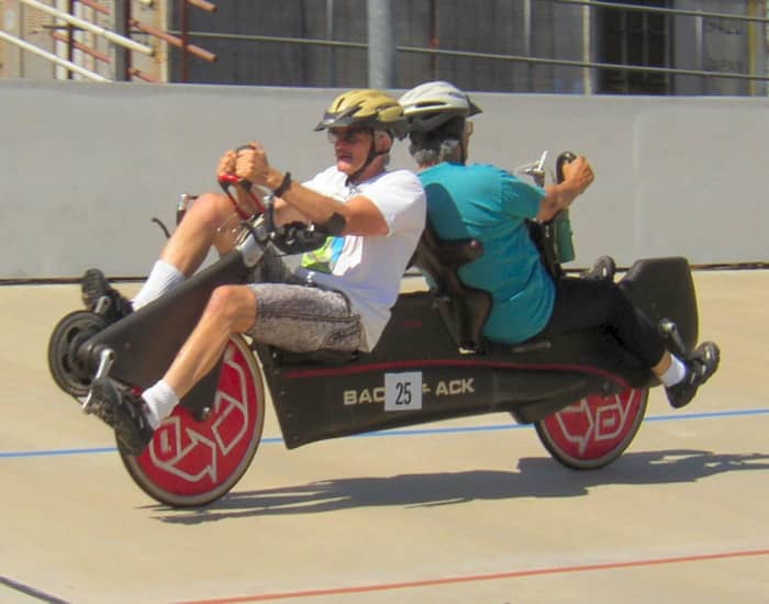 The author's parents on a recumbent tandem that the father, Tom Traylor built. This was taken in San Jose, 2004