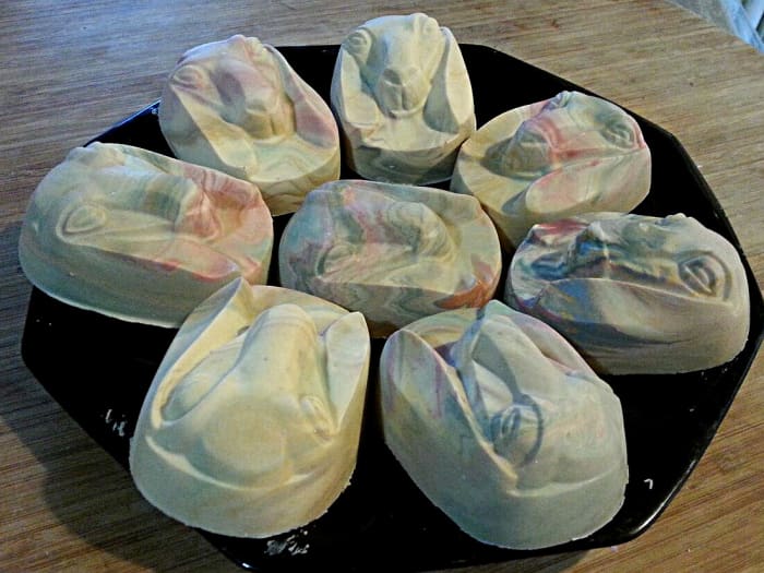 The finished goat-milk soap. These molds with the cute goat faces are from wholesalesuppliesplus.com.