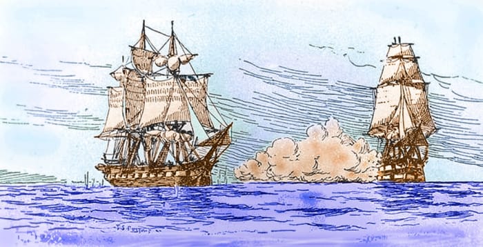 HMS "Leopard" (right) fires upon the USS "Chesapeake" in 1807. The event, now known as the Chesapeake–Leopard Affair, angered the American populace and government and was a precipitating factor that led to the War of 1812.