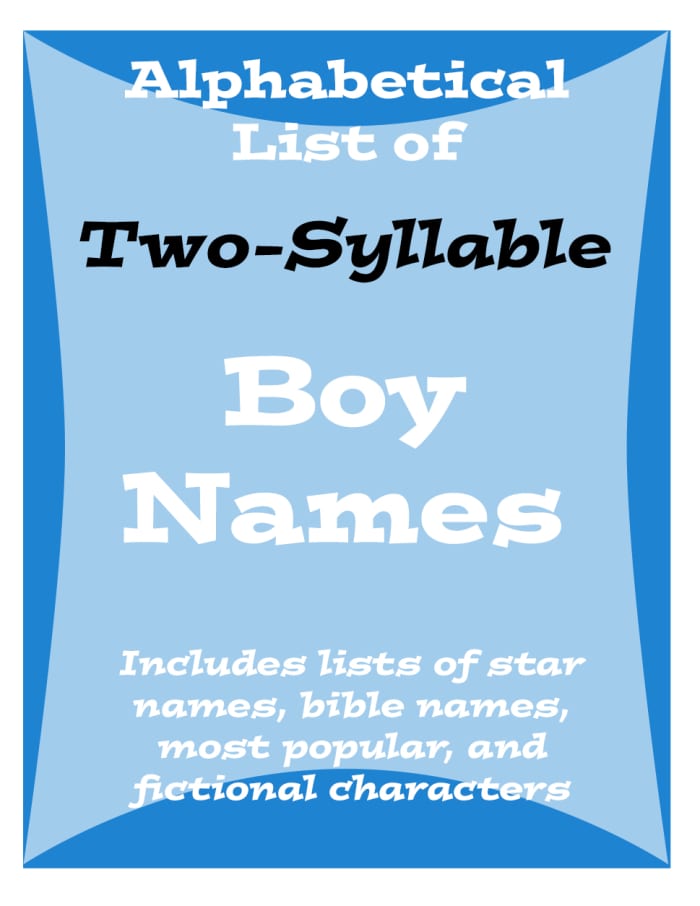 A - Z listing of boy names that have two-syllables as well as lists of famous people with these types of names, biblical ones, fictional characters and a list of the 15 most popular ones.