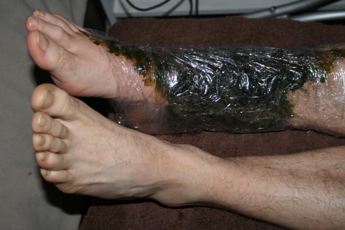 I wrap his ankle in kitchen wrap to keep the comfrey in place and collect the drips. This is a good time to read a book, write a letter or play computer games. If you grow comfrey as I do, you can use lots in each poultice.