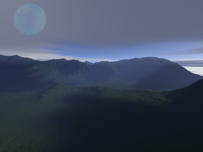 Alien landscape created with 'Terragin' showing a watery moon landscape. Fantasy world builders need to consider what effects satellites have on their worlds.
