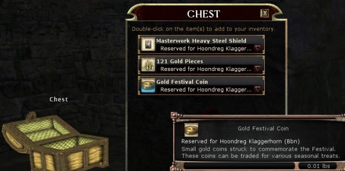 Gold festival coins, earned only during DDO's Festivult (an event timed around Christmas) can fetch as much as 10,000 platinum pieces each.