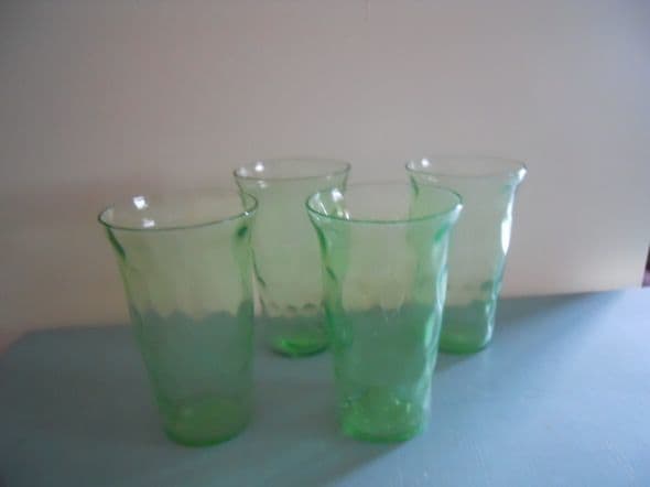 Hex Optic: manufactured By Jeannette Glass Company, from1928-1932 —also Known As The Honeycomb Pattern. Shown in the picture are the 3-3/4 inch high tumblers. Pieces in this pattern were made in green and green ultra-marine.