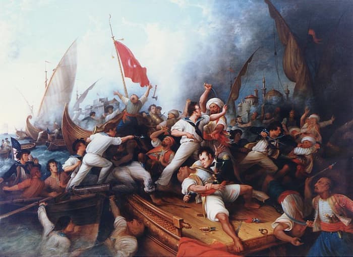 Decatur boarding the Tripolitan gunboat during the bombardment of Tripoli, 3 August 1804.