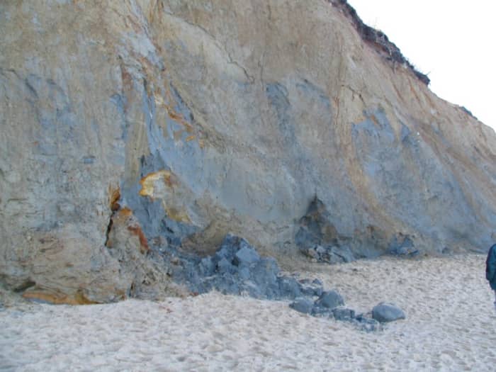 The incessant battering of the Atlantic Ocean has cut a sharp face into the sand dunes and exposed their underlying clay.