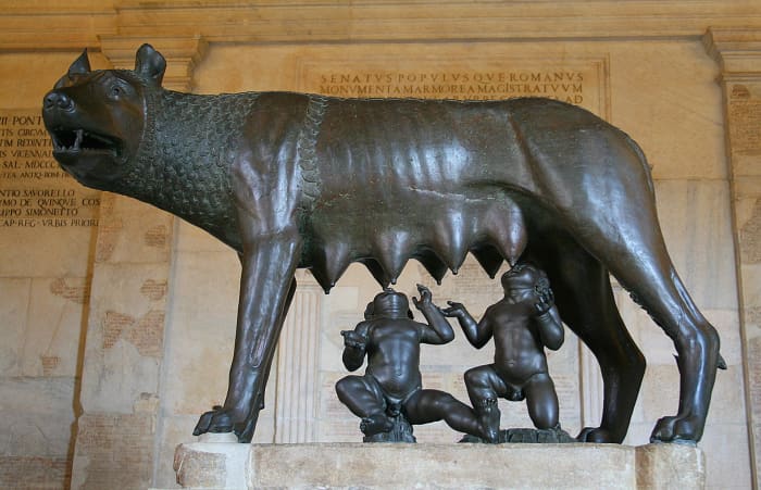 The famous Etruscan bronze of the Capitoline wolf. The wolf is ancient; the twins were added in medieval times. Art history aside, Romulus & Remus are the mythological ancestors of Sirius Black & Remus Lupin (except that Romulus killed Remus!)