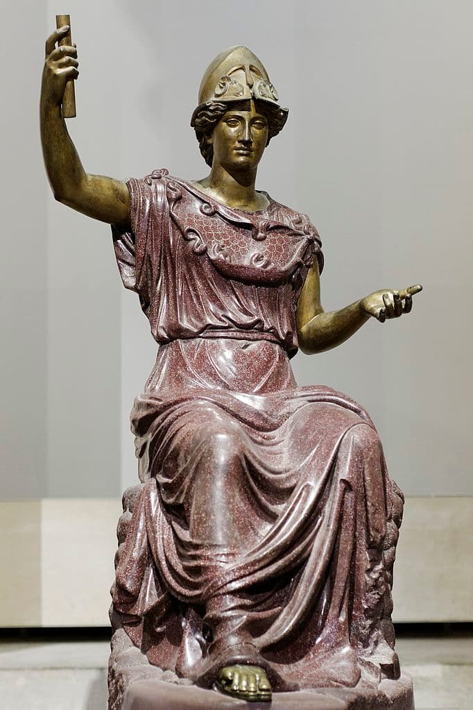 Second century Roman Minerva statue with 18th century arms and head copied from another statue. An imposing figure in any era.