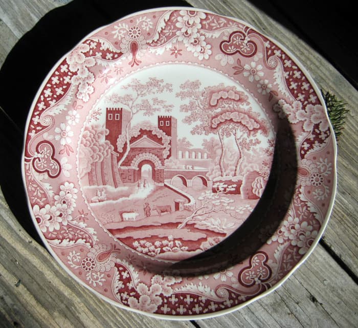 Spode Archive Collection. This reissue of a traditional transferware pattern features a British castle in a lovely shade of cranberry.