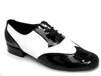 Black and white specator shoes with a low flat heel and suede bottoms are a popular choice of dance shoe for men.