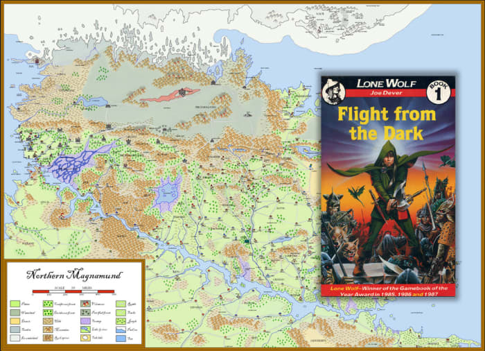 Map of Northern Magnamund and Book 1 of the Lone Wolf series. Imagine being able to explore this realm in an open world game!