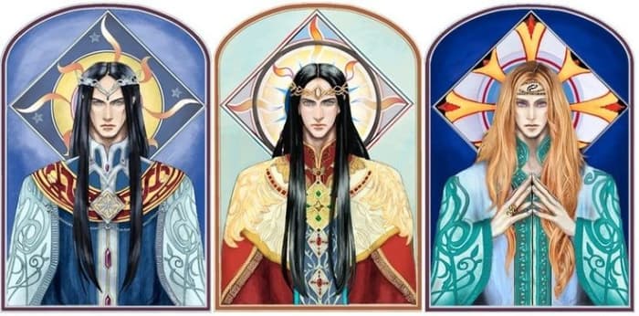 By artist dalomacchi:The three sons of Finwe, Feanor (center), Fingolfin (left), and Finarfin (right). FInwe's leadership is what checked the discord between them from violence.