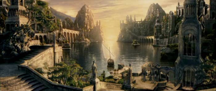 From New Line Cinema: The departure of Galadriel and Elrond from the Grey Havens at the close of the Third Age was not just an ending to the era, but to a drama that went back to Middle-earth's beginning. Finwe's trait of exploration had also ended.