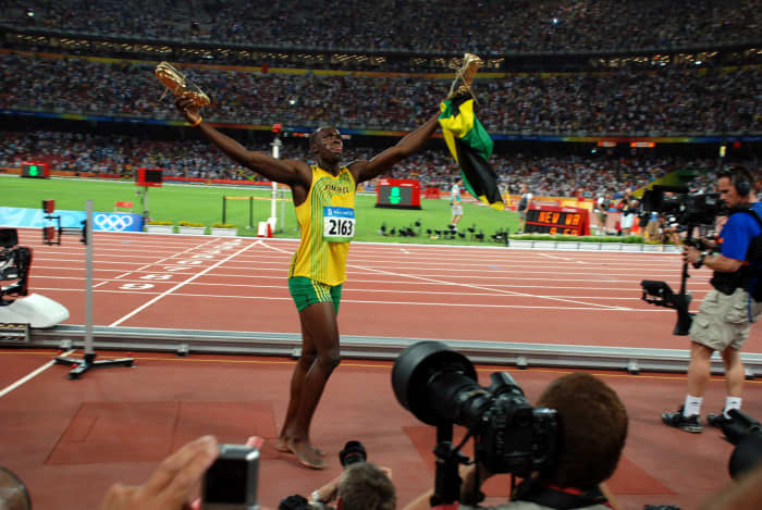 Usain Bolt at the 2008 Beijing Olympics after winning the 100m in a world record time.